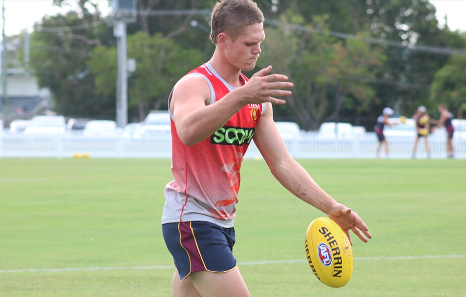 webcody2019jan.jpg Cody Stackelberg kicks the ball at last week's pre-season session. - Brisbane Lions